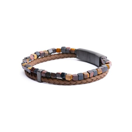 Bracelet Gemini double en cuir marron clair et œil de tigre