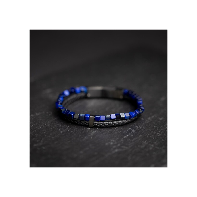 Bracelet Gemini double en cuir noir et œil de tigre bleu