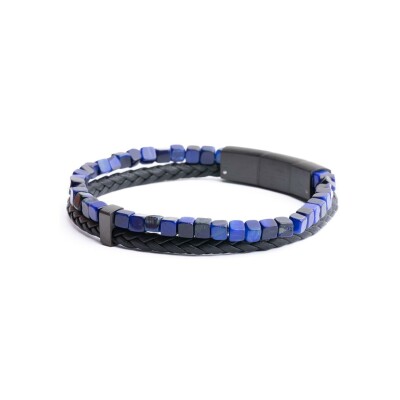 Bracelet Gemini double en cuir noir et œil de tigre bleu