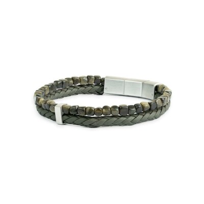 Bracelet Gemini double en cuir et pierre obsidienne