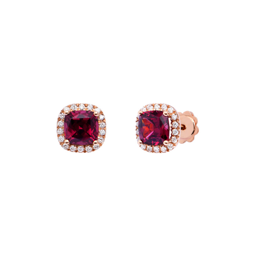 Boucles d'oreilles Arès en or rose, rhodolites et diamants