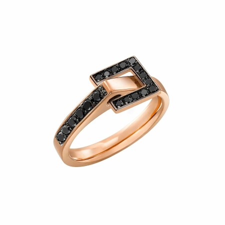 Bague Lilistone l'Originale en or rose, motif carré en or rose 18 carats et diamants noirs sur l'anneau et diamants noirs sur le motif