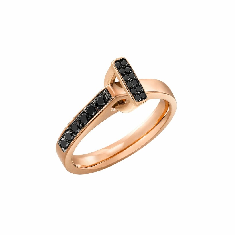 Bague Lilistone l'Originale en or rose, motif étrier en or rose 18 carats et diamants noirs sur l'anneau et diamants noirs sur le motif