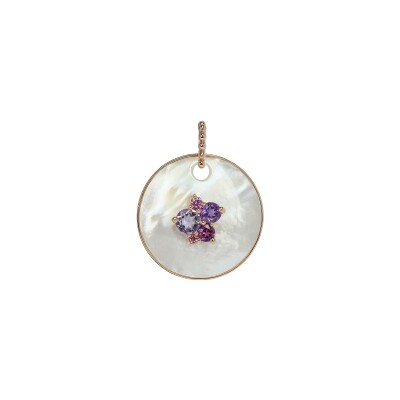 Pendentif Isabelle Langlois en or rose, nacre, Rose de France, rhodolite, améthyste, tourmaline rose et saphir rose