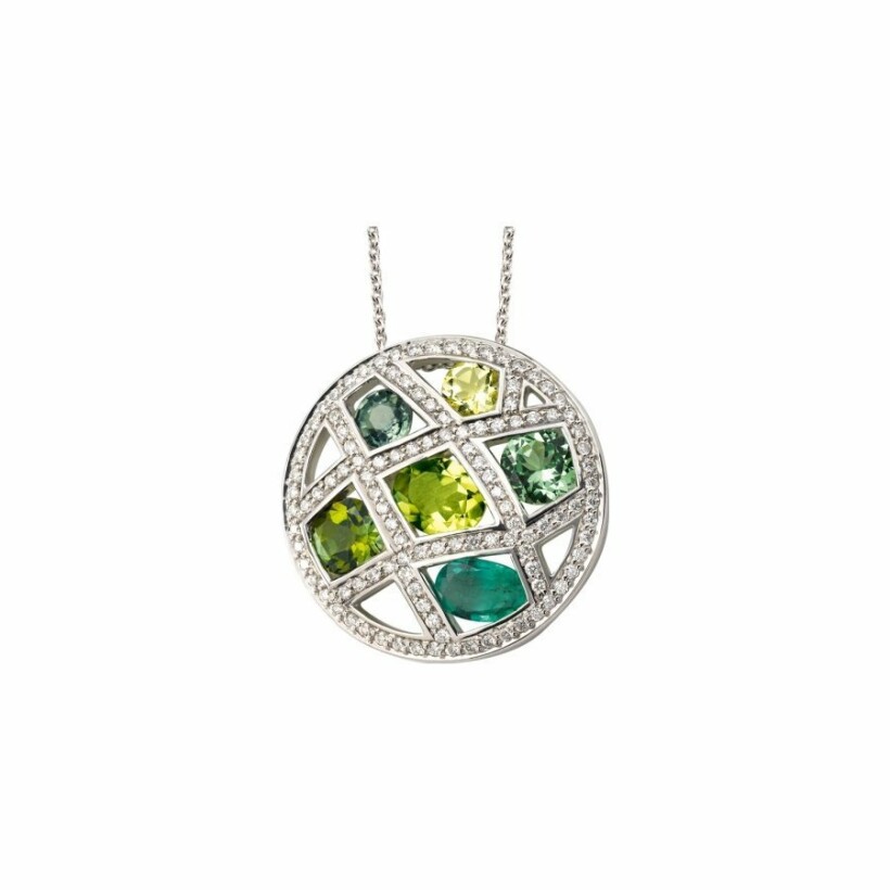 Collier en or blanc, grenat vert, quartz lemon, tourmaline verte, tsavorite, péridot, émeraude et diamants