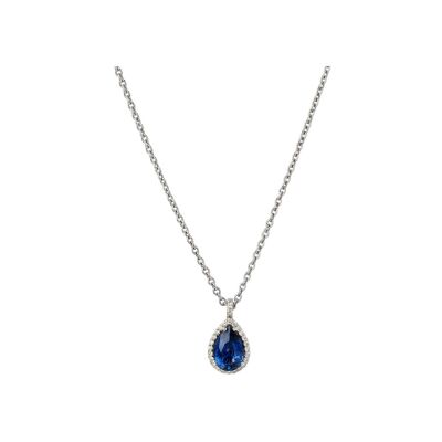 Pendentif en or gris avec saphir bleu poire de 1,27 ct, entouré de diamants 0,14 ct, sur chaîne en or gris