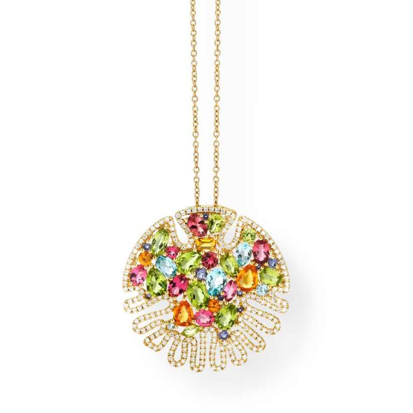 Collier Sandola Rainbow MM en or jaune pavé diamants, saphirs oranges, péridots, tourmalines roses,  topazes bleues et  iolites