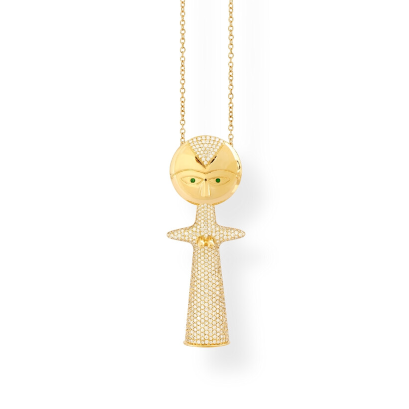 Collier Ashanti XL en or jaune pavé diamants et émeraudes