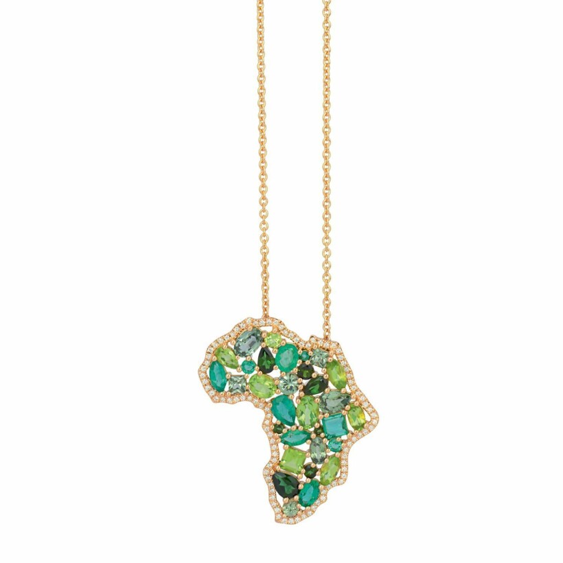 Collier Origine Green en or rose pavé diamants, émeraudes, pierres de lune, tourmalines vertes et péridots
