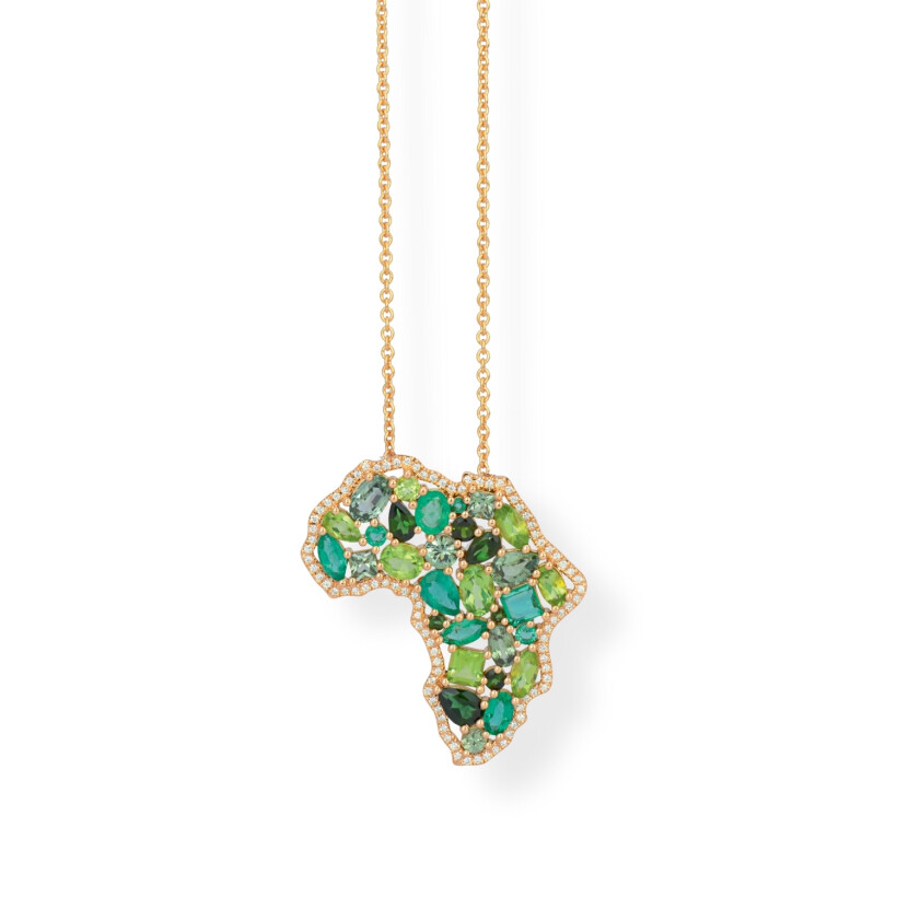 Collier Origine Green en or rose pavé diamants, émeraudes, pierres de lune, tourmalines vertes et péridots