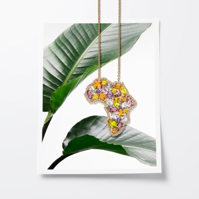 Collier Origine en or jaune, diamants, topazes bleues, cordiérites, saphirs oranges, péridots et tourmalines roses