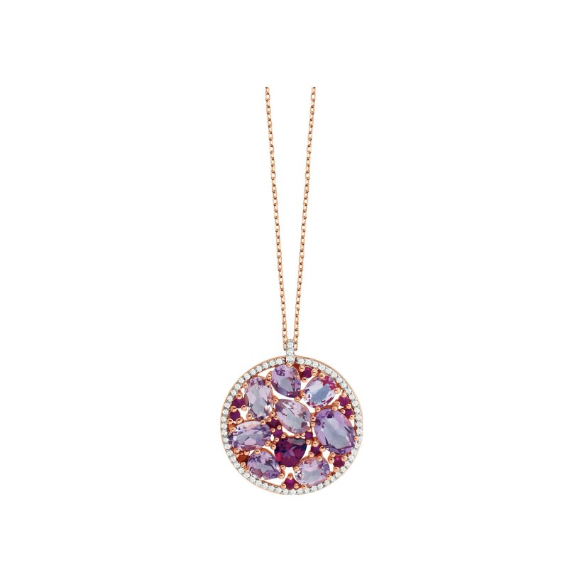 Collier or rose, diamants et pierres multicolores