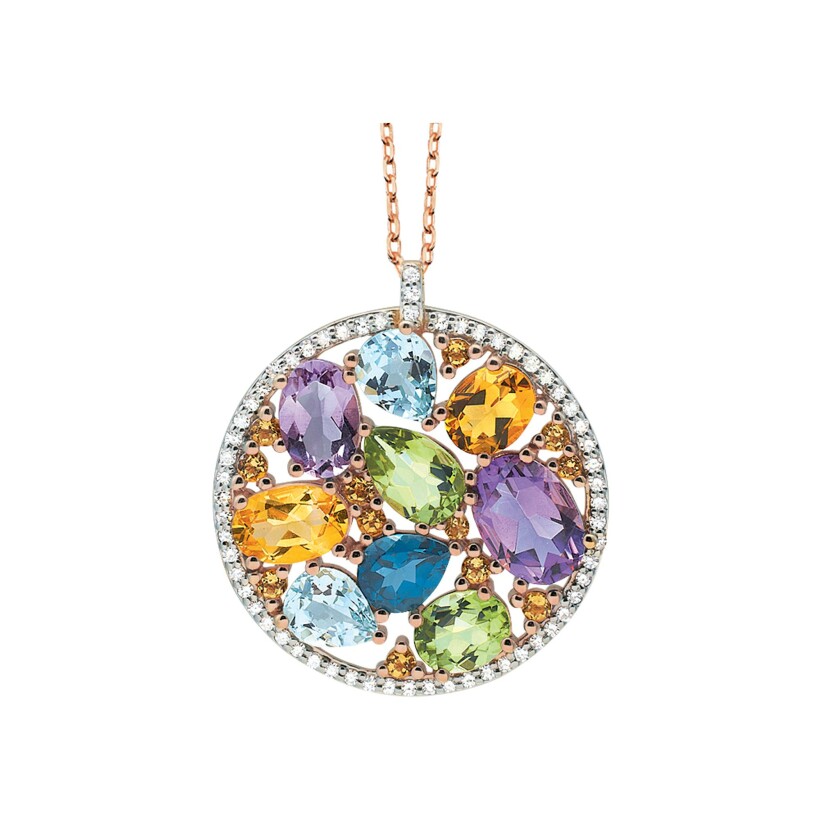 Collier or rose, diamants et pierres multicolores