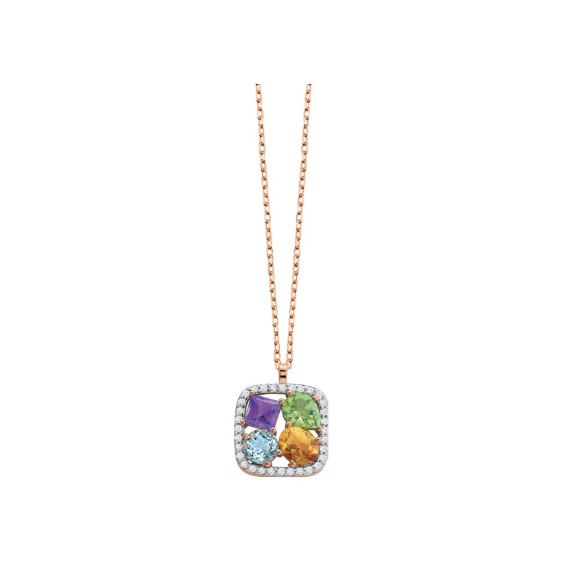 Collier or rose, diamants et pierres multicolores