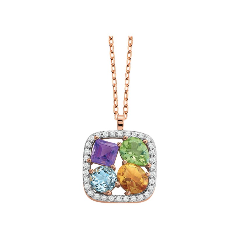 Collier or rose, diamants et pierres multicolores