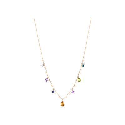 Collier India en or rose, améthyste, topaze bleue, cordiérite, améthyste lavande, topaze London, citrine madeire et péridot