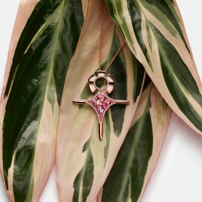 Collier Agadez en or rose, améthystes lavandes, morganites, saphirs roses, tourmalines rose, rubis et diamants