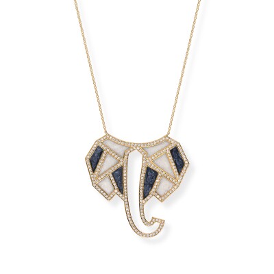 Collier Éléphants XL en or jaune, nacre grise, nacre blanche et diamants