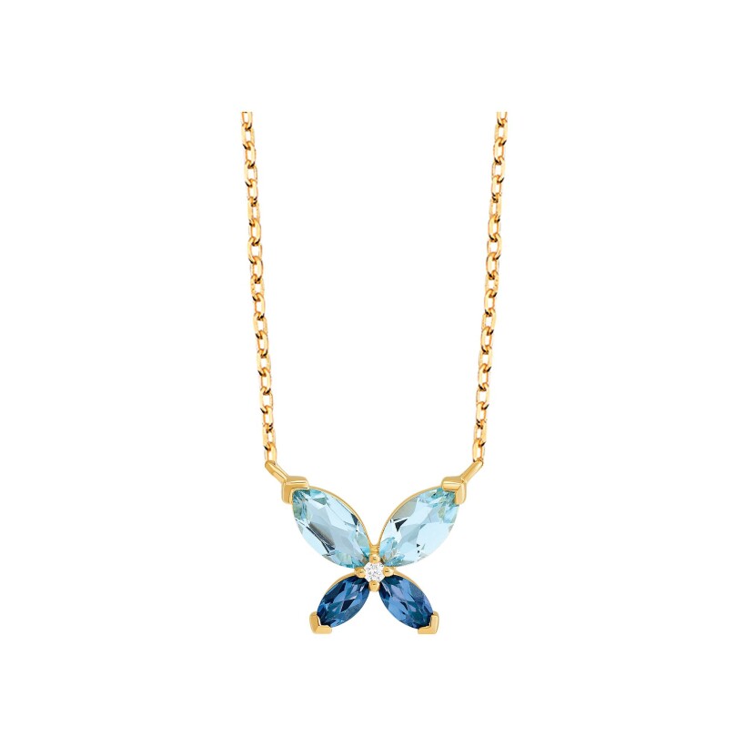 Collier Papillon or jaune, diamant et pierres multicolores