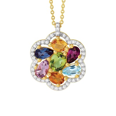 Collier or jaune, diamants et pierres multicolores