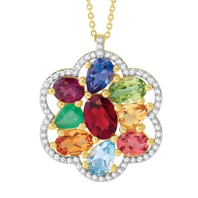 Collier or jaune, diamants et pierres multicolores