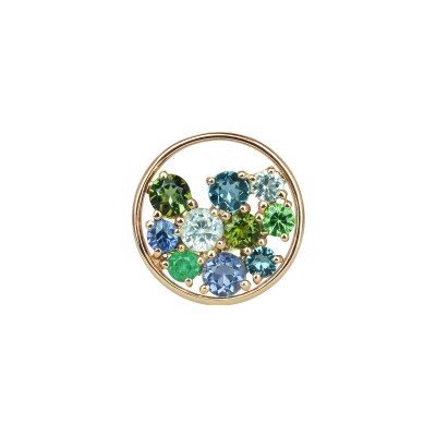 Pendentif Isabelle Langlois Sac de billes en or rose, iolite, topaze bleue, topaze Bleu London, tourmaline verte, émeraude, tsavorite et saphir