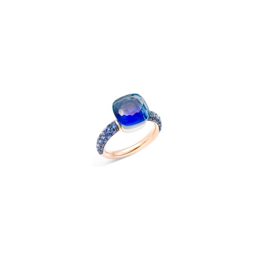 Pomellato Nudo ring, rose gold, white gold, topaz blue london, sapphires and lapis lazuli