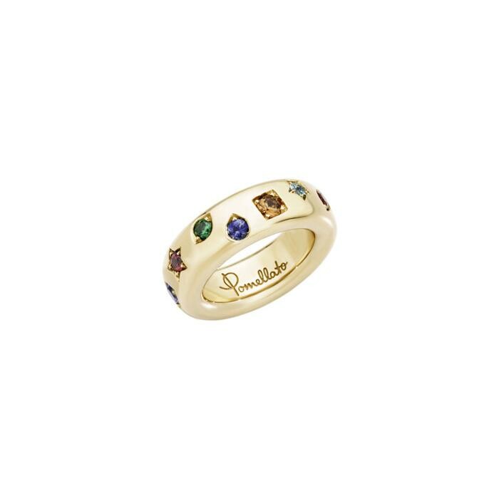 Bague Pomellato Iconica en or rose, saphirs oranges, tourmaline rose, péridot, rubis, zircon bleu, saphir, démantoïde, spinelle rouge, tanzanite et tsavorite