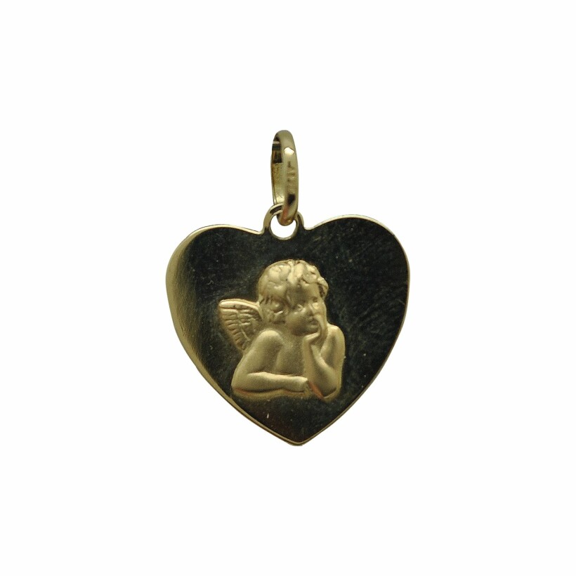 Médaille coeur et ange en or jaune, 14mm