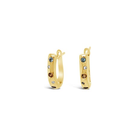 Boucles d'oreilles pendantes en or jaune, améthyste, citrine, topaze bleue et diamants