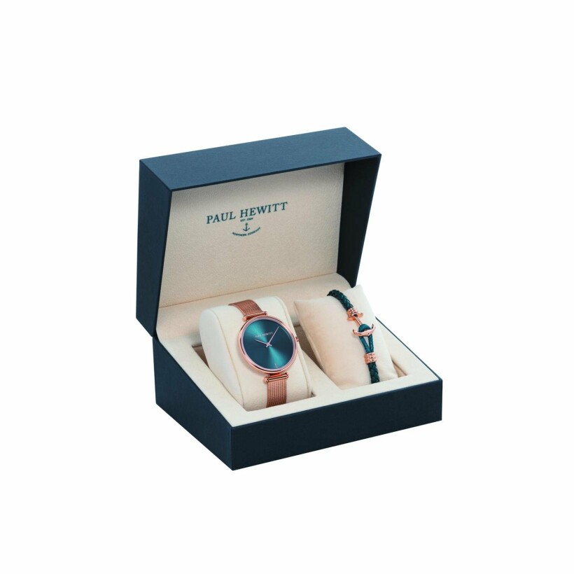 Coffret montre Paul Hewitt Phrep Lagoona et bracelet en métal doré rose et cuit bleu PHW530043
