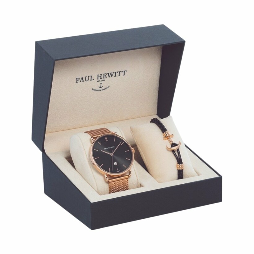 Pack Montre Paul Hewitt Phrep PHW530047 et bracelet en cuir noir et métal doré rose