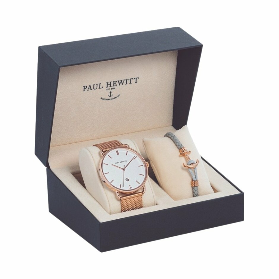 Pack Montre Paul Hewitt Phrep PHW530048 et bracelet en cuir gris et métal doré rose