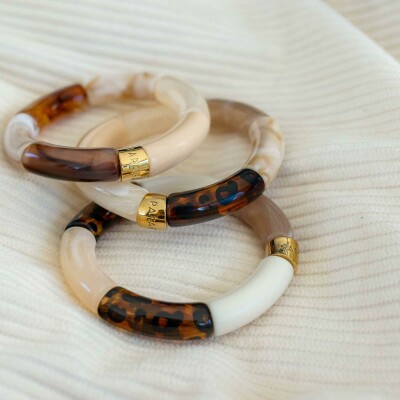 Bracelet PARABAYA Pipoca Jaguar 6 perles en résine et acrylique - Creme Beige Taupe