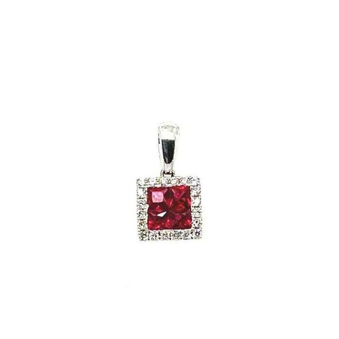 Pendentif carré en or blanc, rubis et diamant