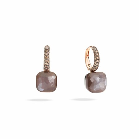 Pomellato Nudo earrings, rose gold, white gold, 2 dark Cognac moonstone, 56 Cognac diamonds