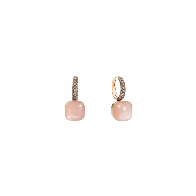 Pomellato Nudo earrings, rose gold, white gold, 2 li moonstone and brown diamonds