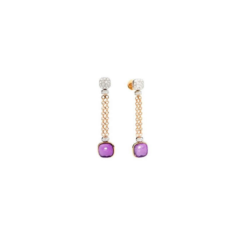 Pomellato Nudo earrings, rose gold, white gold, 70 diamonds and 2 amethysts
