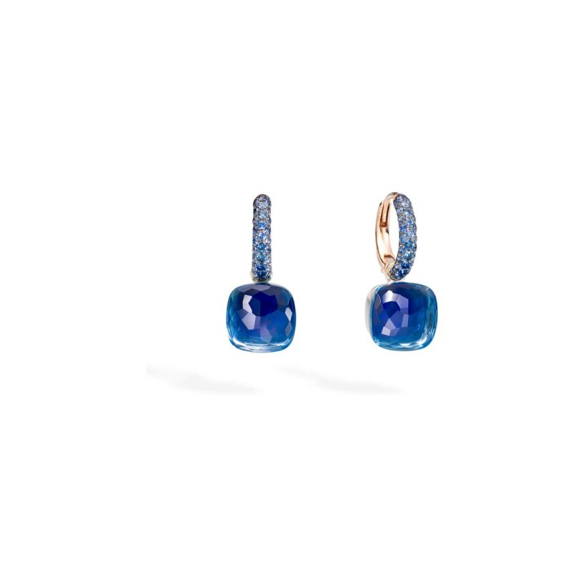 Pomellato Nudo earrings, rose gold, white gold, topaz blue london, lapis lazuli and sapphires