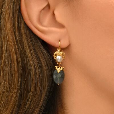 Boucles d'oreilles SATELLITE Positano en plaqué or, nacre et labradorite