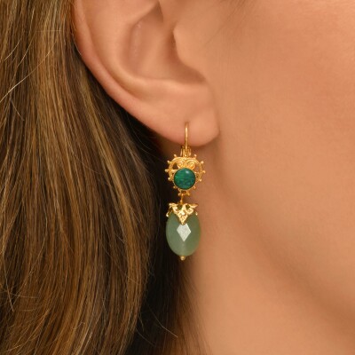 Boucles d'oreilles SATELLITE Positano en plaqué or, aventurine et pierre effet malachite