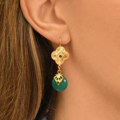Boucles d'oreilles SATELLITE Positano en plaqué or, pierre effet malachite et cristal