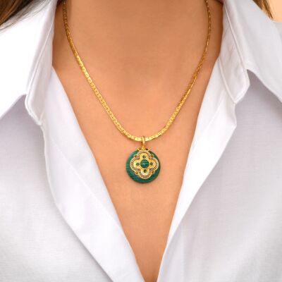 Collier SATELLITE Positano en plaqué or, pierre effet malachite et cristal