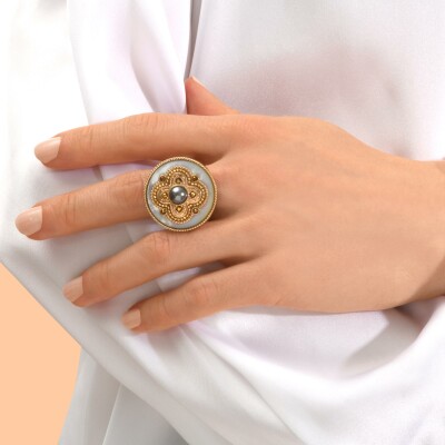 Bague SATELLITE Positano en plaqué or, nacre et cristal