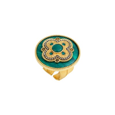 Bague SATELLITE Positano en plaqué or, pierre effet malachite et cristal