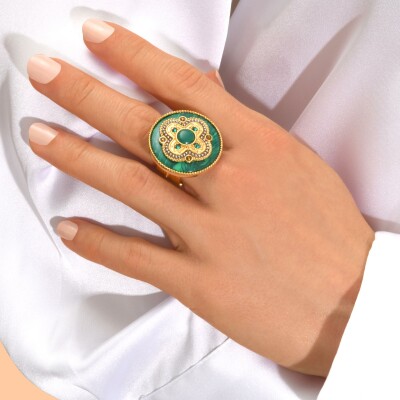 Bague SATELLITE Positano en plaqué or, pierre effet malachite et cristal