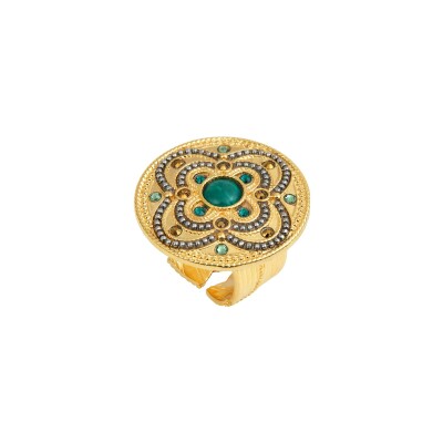 Bague SATELLITE Positano en plaqué or, pierre effet malachite et cristal