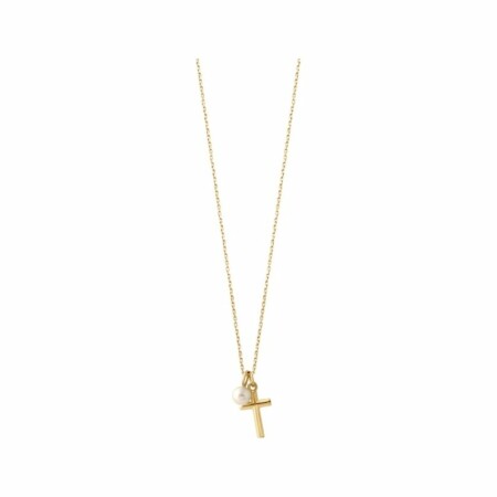 Collier Claverin Kiss Cross charm en or jaune et perle blanche, 36cm