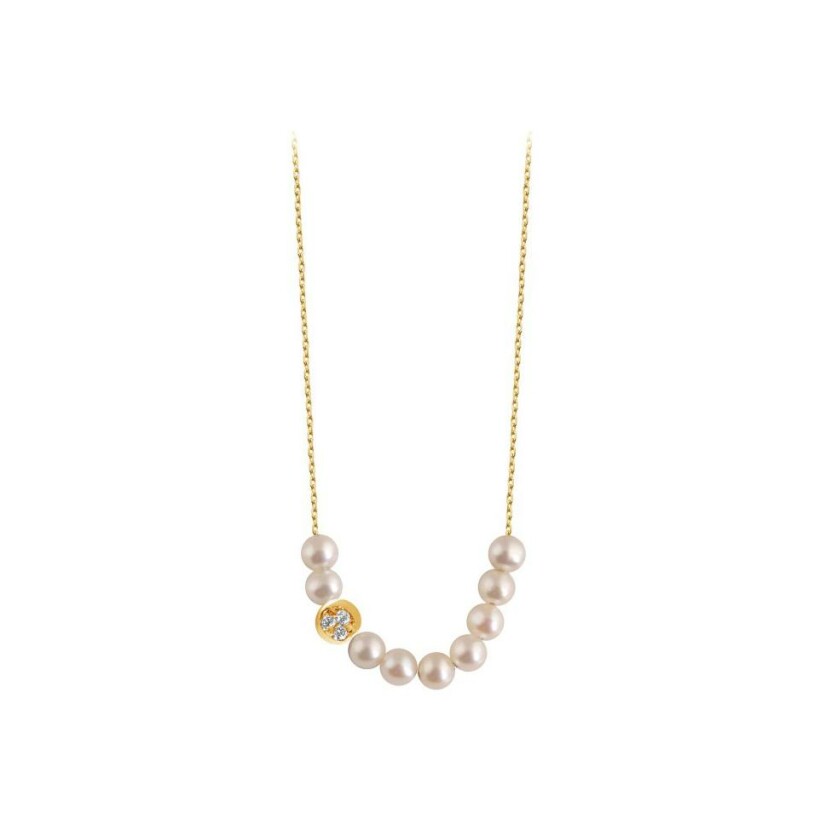 Collier Claverin Motif Rosary Diamond Moon en or jaune et perles blanches