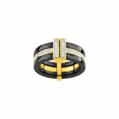 Bague en céramique noire, plaqué or jaune et oxyde de zirconium